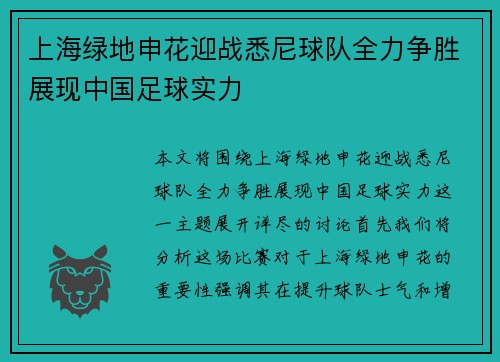上海绿地申花迎战悉尼球队全力争胜展现中国足球实力
