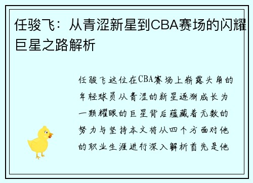 任骏飞：从青涩新星到CBA赛场的闪耀巨星之路解析